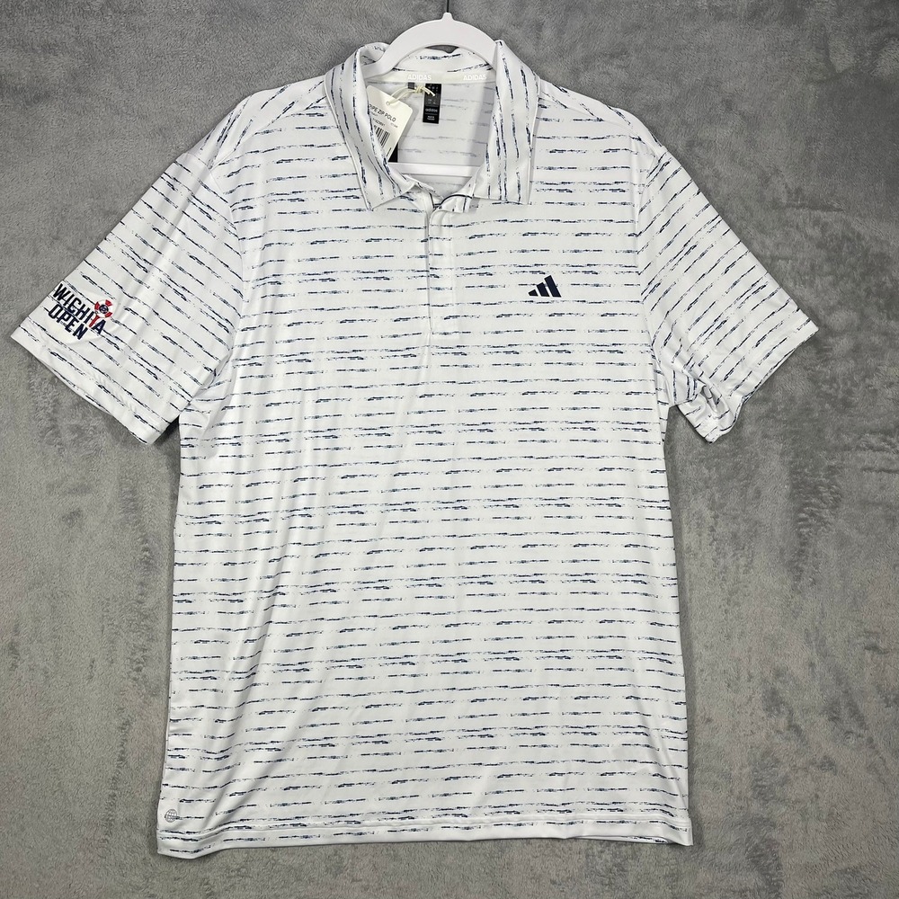 Adidas Stripe Zip Polo Mens Large White Navy Wichita Open NEW